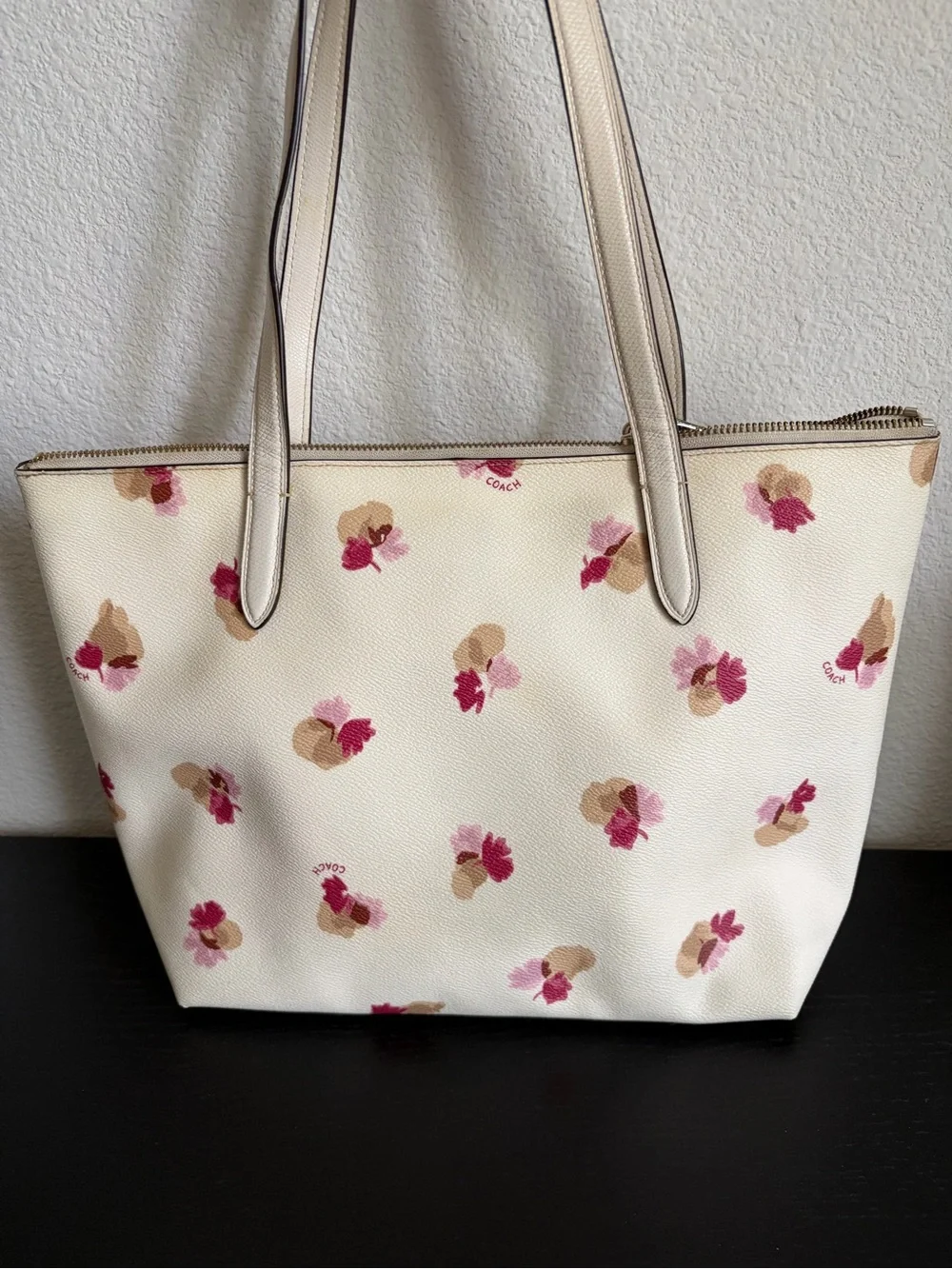 Coach Cream Tote with Pink and Tan Floral Accents